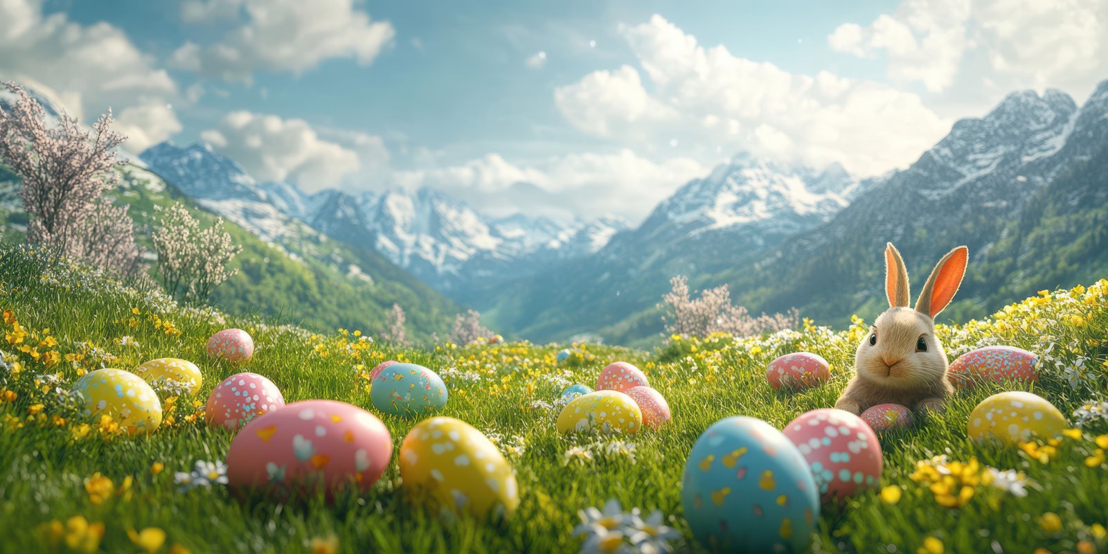 Colorful Easter eggs and a rabbit in a vibrant meadow with mountains under a bright sky